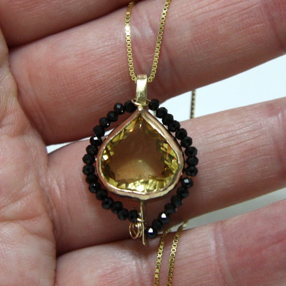Natural Black Spinel Citrine Pendant Solid 14k Yellow Gold - no Chain - Picture 4 of 10
